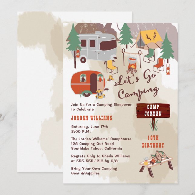 Handdrawn Lets Go Camping Birthday Party Invitation (Front/Back)