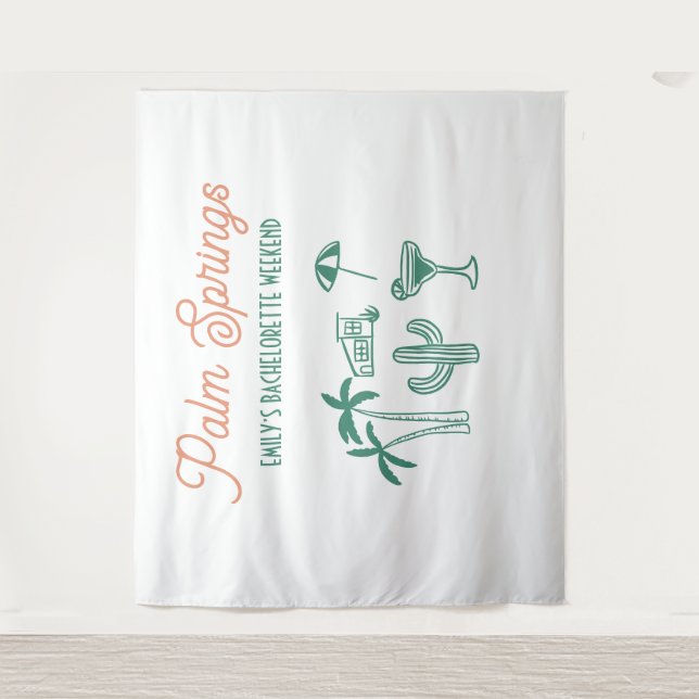 Handdrawn Palm Springs Pink Bachelorette Weekend Tapestry (Front)