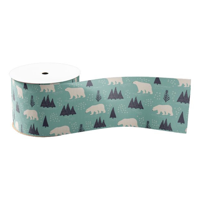 Handdrawn Polar Bears Evergreen Trees in the Snow Grosgrain Ribbon (Spool)