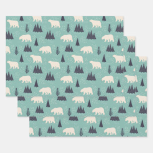 Handdrawn Polar Bears Evergreen Trees in the Snow Wrapping Paper Sheet
