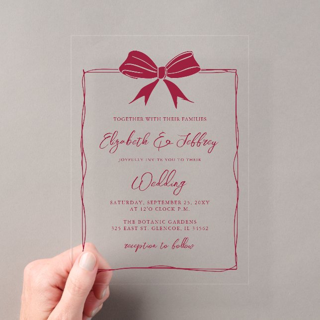 Handdrawn Red Bow Coquette Modern Chic Wedding  Acrylic Invitations (Insitu (Handheld))