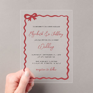 Handdrawn Red Bow Coquette Modern Chic Wedding Acrylic Invitations