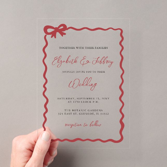 Handdrawn Red Bow Coquette Modern Chic Wedding Acrylic Invitations (Insitu (Handheld))