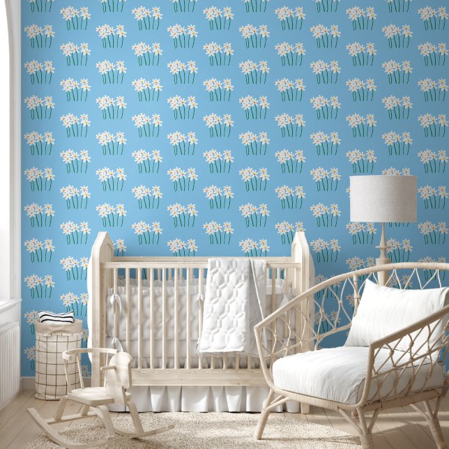 Handdrawn sweet white daisies on soft mid blue wallpaper (Kids)