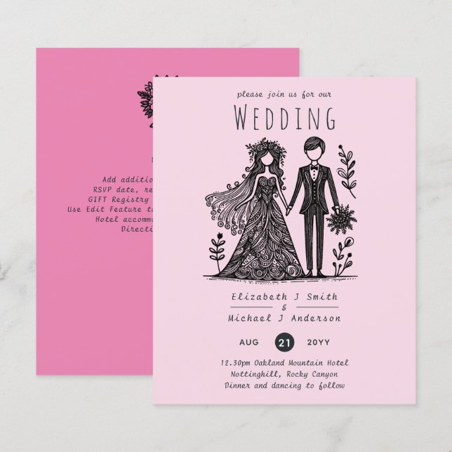 Handdrawn Wedding Cartoon Bride Groom Pink (Front/Back)
