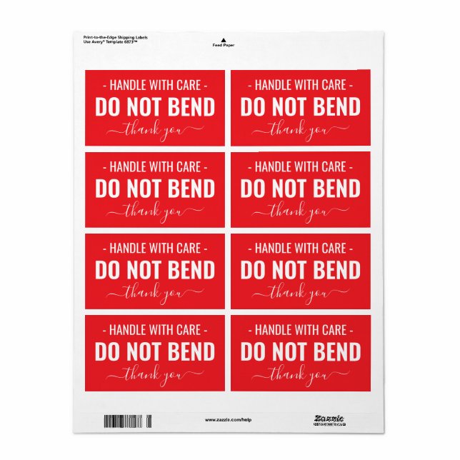 Handle with Care - Do Not Bend Shipping Labels (Full Sheet)
