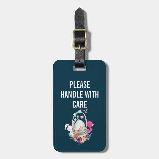 Handle with Care Egg, Bunny & Flamingo Luggage Tag (Front Vertical)