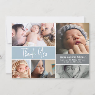 Handlettering Photo Collage Blue Baby Shower  Thank You Card