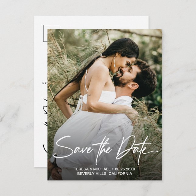 Handlettering Save the Date Custom Photo Engaged A Announcement Postcard (Front/Back)