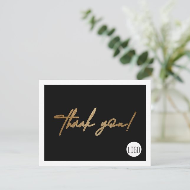 Handlettering Script Black Gold Business logo Thank You Card (Standing Front)