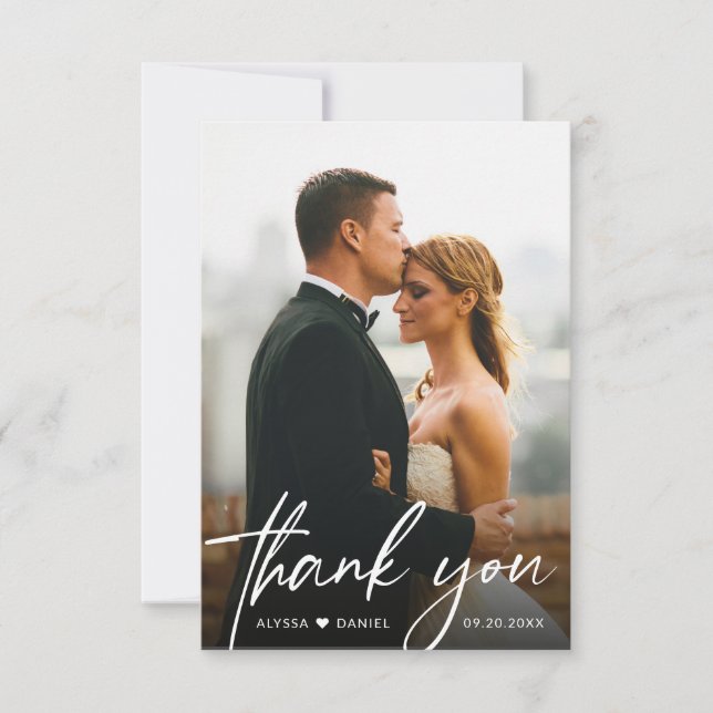 Handlettering script Simple Modern Wedding Photos Thank You Card (Front)