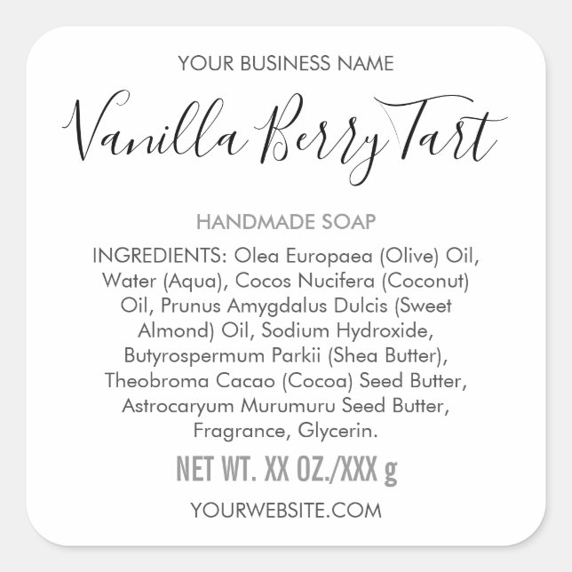 Handmade Artisan Soap Ingredient Product Label (Front)