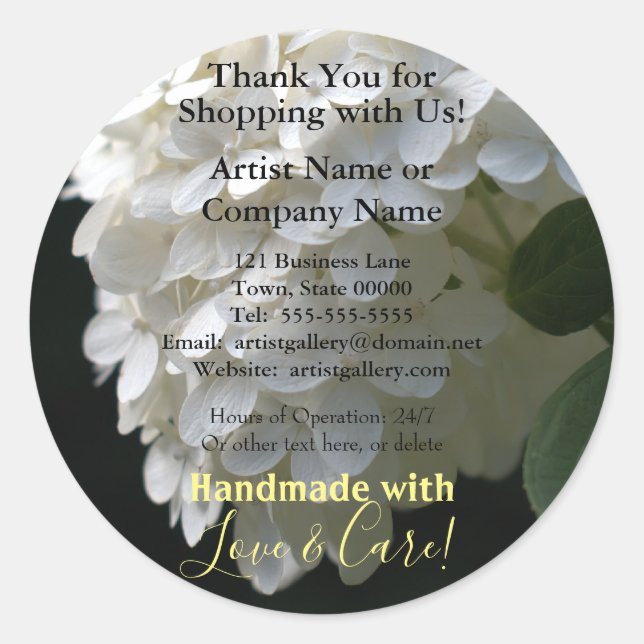 Handmade Artist White Hydrangea Business Stickers (Front)