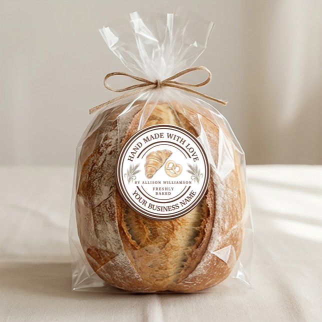 Handmade Bakery Logo with Wheat Spikes Classic Round Sticker (Handmade Bakery Logo with Wheat Spikes Classic Round Sticker #bakerysticker #bakingcooking )