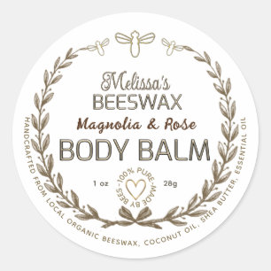 Handmade Beeswax Body Balm Wreath Bee Heart   Classic Round Sticker