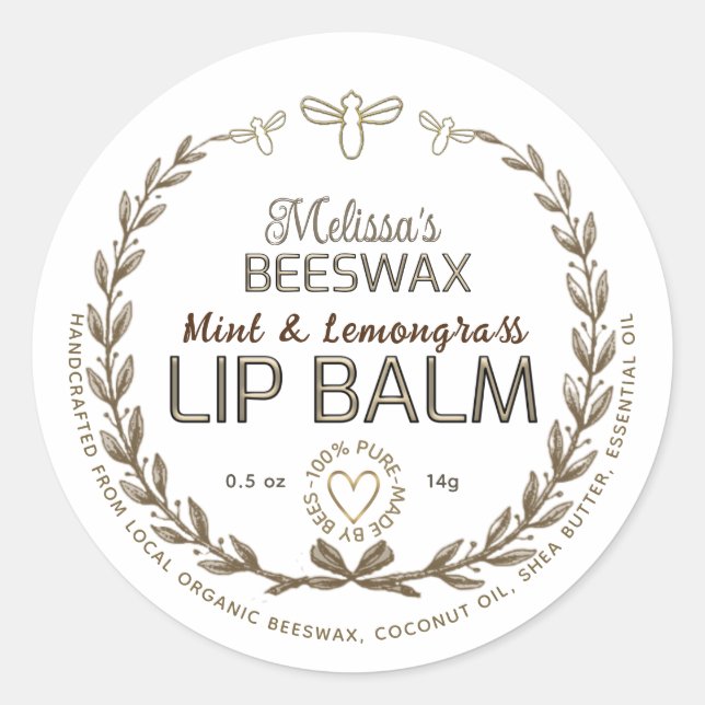 Handmade Beeswax Lip Gloss Balm Wreath Bee Heart Classic Round Sticker (Front)