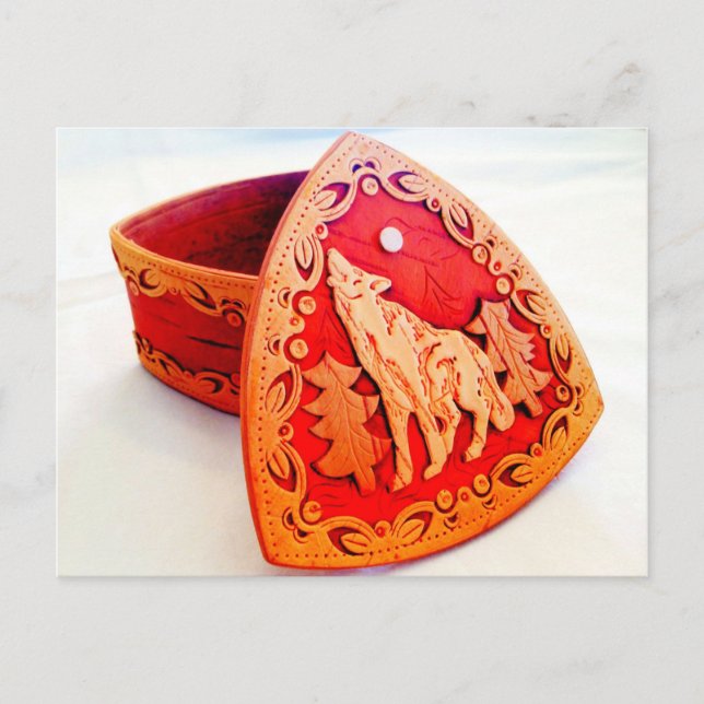 Handmade Birch Wood Jewellery Box with Howling Wol Postcard (Front)