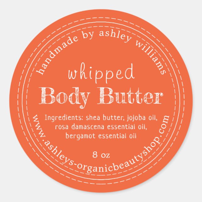 Handmade Body Butter Organic Business Orange Label (Front)