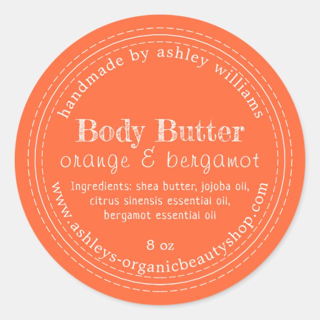 Handmade Body Butter Organic Business Orange Label (Front)