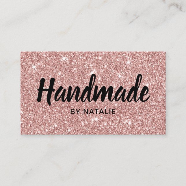 Handmade Bold Text Modern Rose Gold Glitter Business Card (Front)