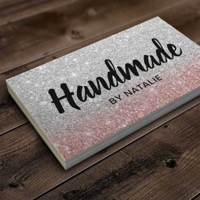 Handmade Bold Text Modern Rose Gold Silver Glitter Business Card (Creator Uploaded)