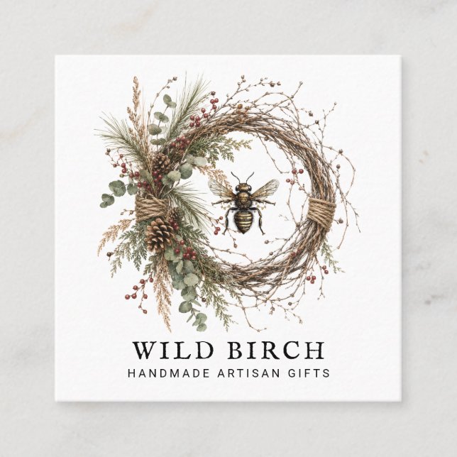 Handmade Botanical Wreath Logo  Square Business Card (Front)