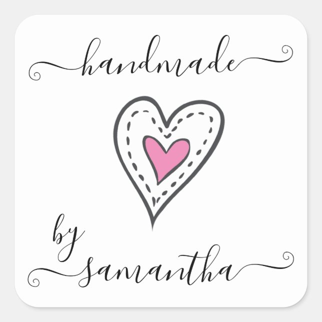 Handmade by Custom Name Pink Doodle Heart Square Sticker (Front)