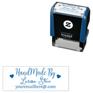 Handmade by (custom text) blue name feminine self-inking stamp