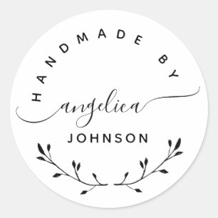 Handmade By Elegant Script Botanical Classic Round Sticker