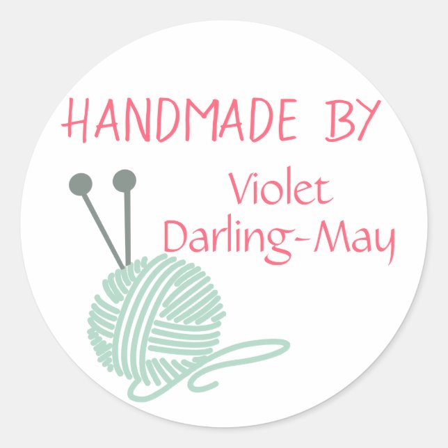 Handmade by - Knitting Yarn & Needles Personalized Classic Round Sticker (Front)