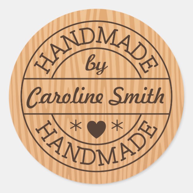 Handmade by stamp on wood personalized name classic round sticker (Front)