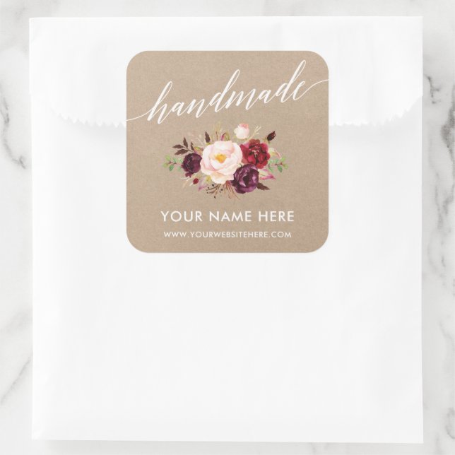 Handmade Calligraphy Burgundy Floral Kraft Small Square Sticker (Bag)