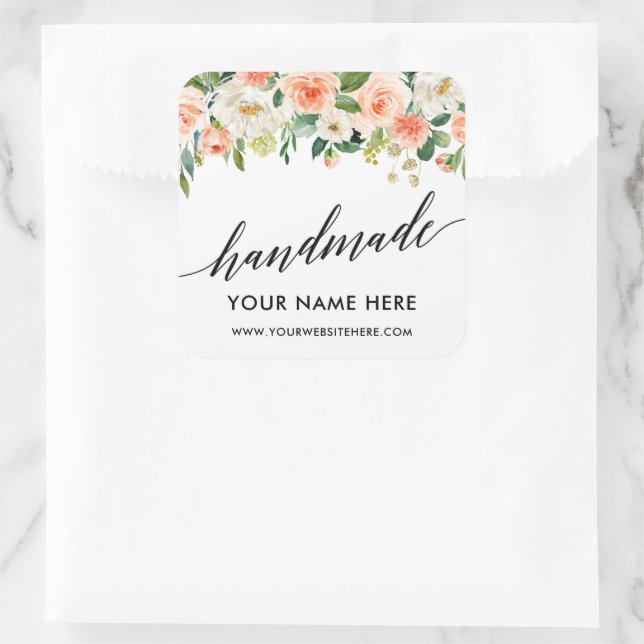 Handmade Calligraphy Coral Floral Small Square Sticker (Bag)