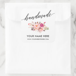Handmade Calligraphy Pink Floral Small Square Sticker