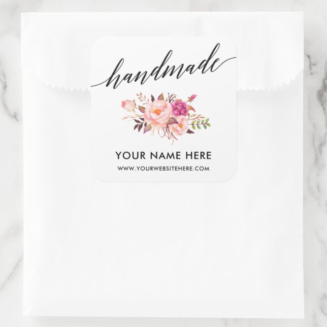 Handmade Calligraphy Pink Floral Small Square Sticker (Bag)