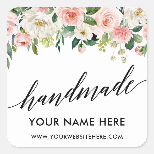 Handmade Calligraphy Pink White Floral Small Square Sticker (Front)