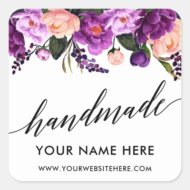 Handmade Calligraphy Purple Floral Small Square Sticker (Front)