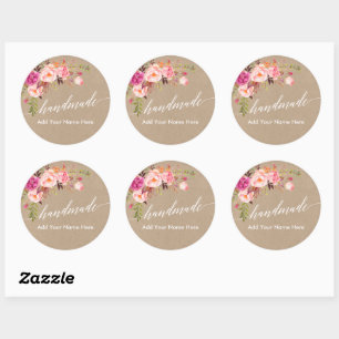 Handmade Calligraphy Round Pink Floral Kraft Classic Round Sticker