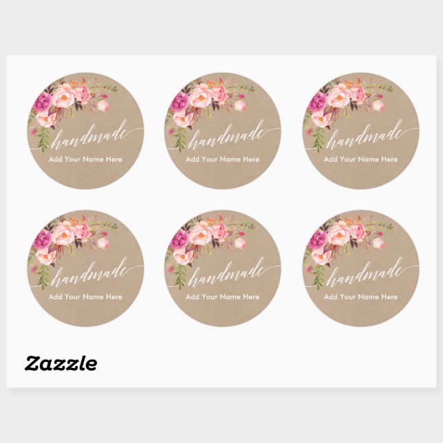 Handmade Calligraphy Round Pink Floral Kraft Classic Round Sticker (Sheet)