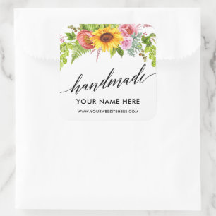 Handmade Calligraphy Sunflower Floral Small Square Sticker
