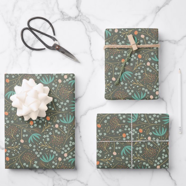 Handmade Colourful Christmas Floral Flowers Wrapping Paper Sheet (Front)
