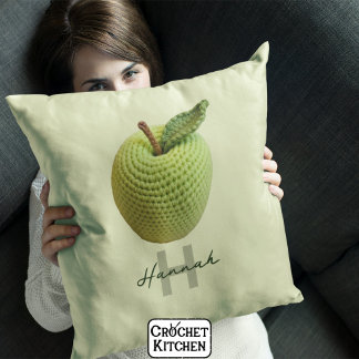 Handmade Craft Green Crochet Apple Monogram Name  Throw Pillow