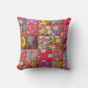 Handmade Floral Patchwork Quilt Background Throw Pillow