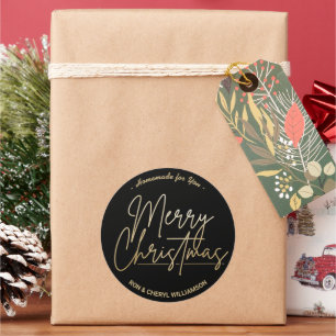 Handmade for You Gold Merry Christmas Black Classic Round Sticker