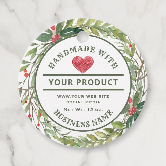 Handmade holiday botanical wreath product label (Front)