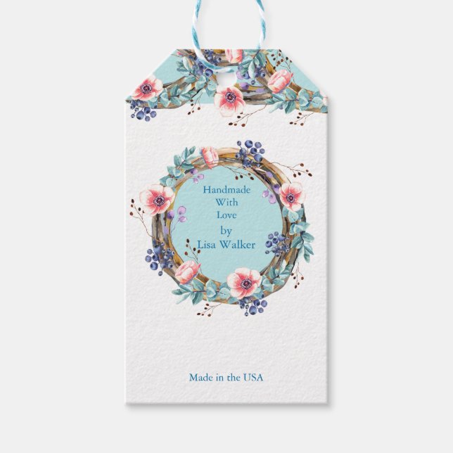 Handmade Item Tag Rustic Vine Wreath & Aqua Blue (Front)