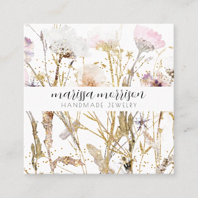 Handmade Jewellery Wildflower Botanical Pink Gold Square Business Card (Front)