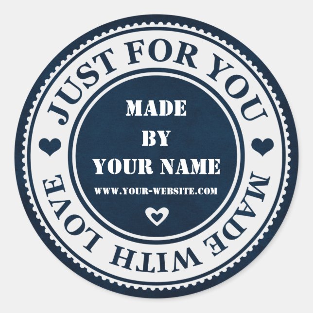 Handmade Just For You Made With Love Blue White Classic Round Sticker (Front)