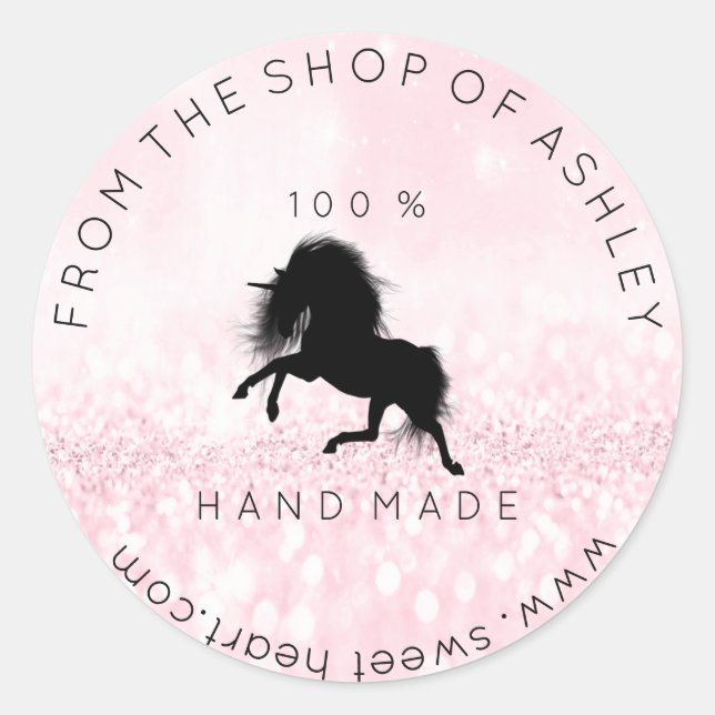 Handmade Logo From Name Web Pink Unicorn Black Classic Round Sticker (Front)