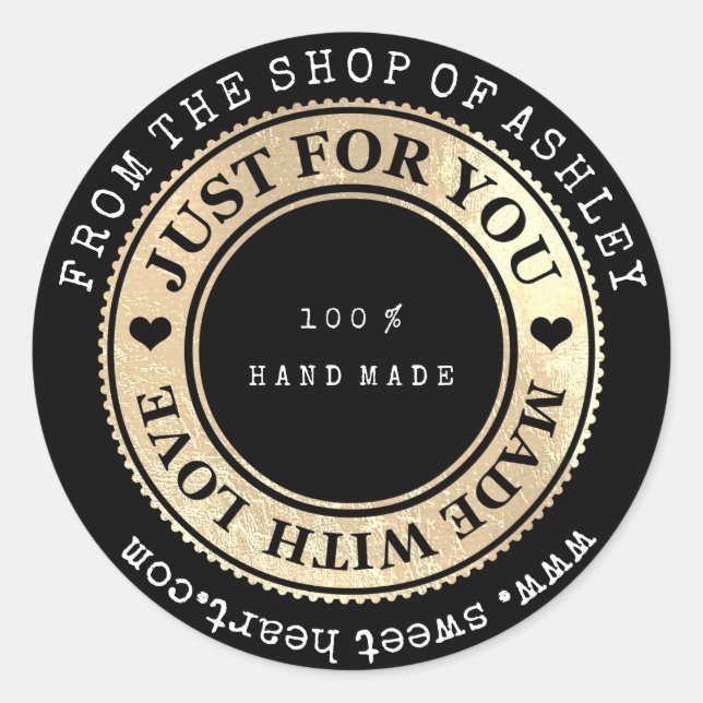 Handmade Logo Name Web Heart Love Black Gold Wow Classic Round Sticker (Front)
